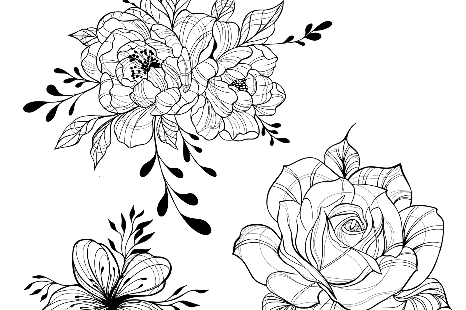 Lijntekeningen van bloemen als ontwerp voor een tattoo.