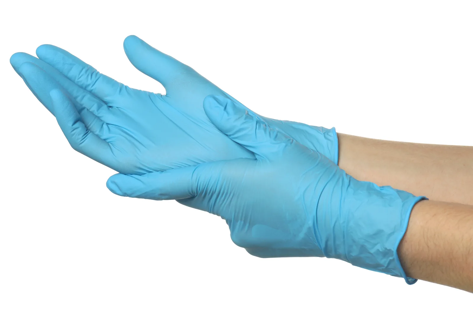 Handen trekken blauwe medische handschoenen aan.