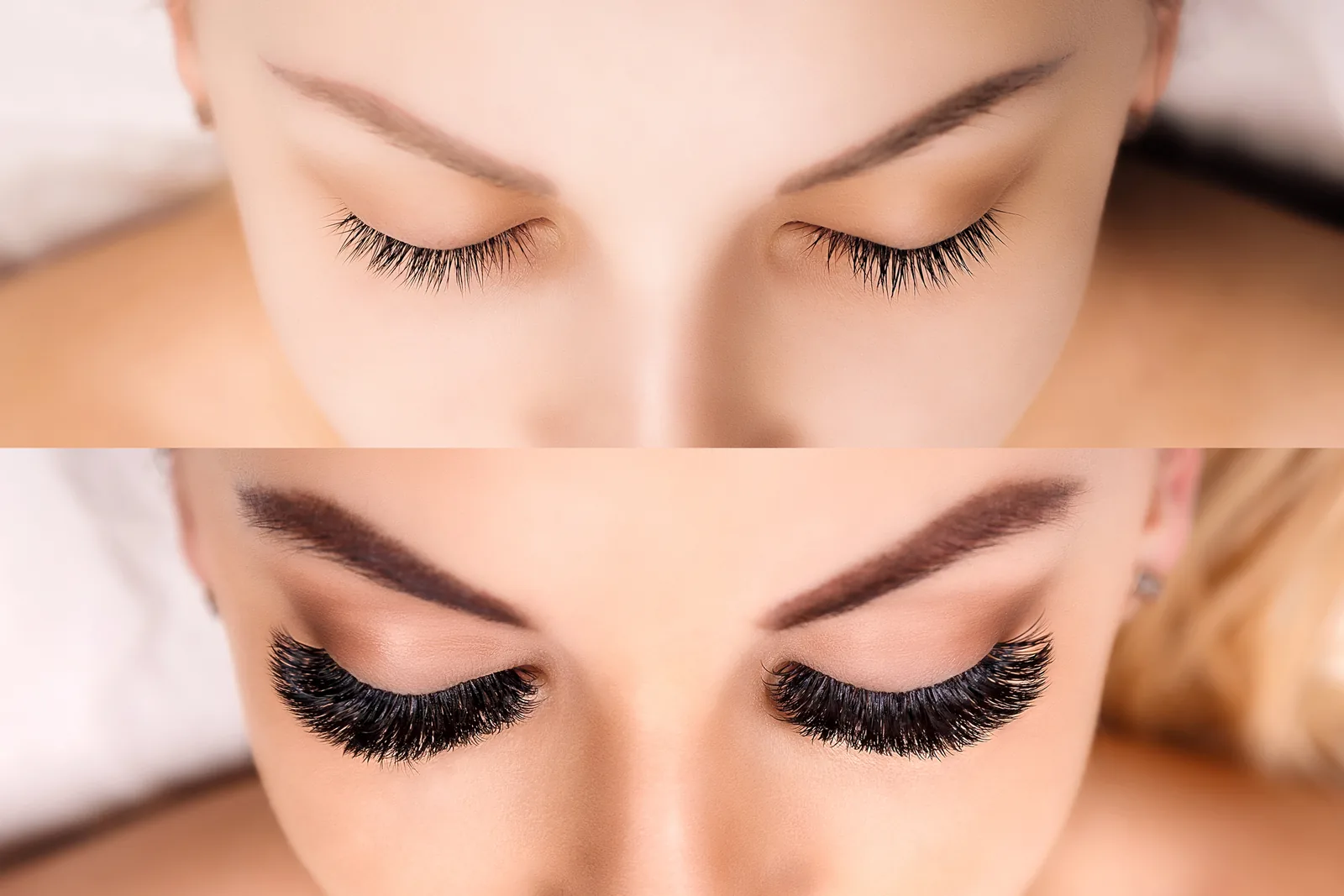 Twee ogen naast elkaar met verschillende wimperextensions.
