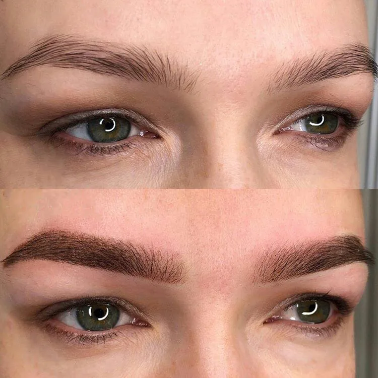 Voor en na powder brows: boven lichte, onderbroken wenkbrauwen, onder een zachte, gepoederde vorm in een warme bruine tint